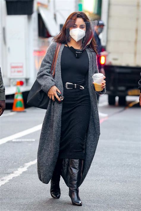 Vanessa Hudgens Dons All Black As She Arrives Holding An Iced Coffee On The Set Of Tick Tick