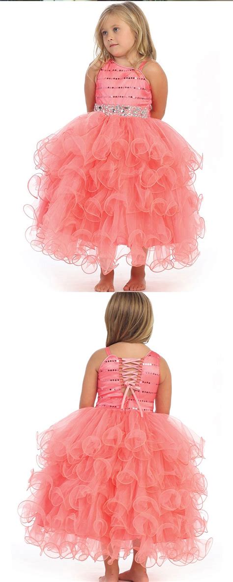 Pink Asymmetric Beading Ruffled Girls Pageant Dress Girls Pageant