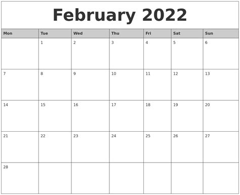 February 2022 Printable Calendar Monday Start Calendar Example And Ideas