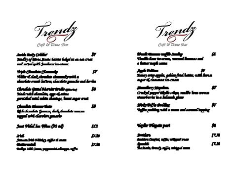 Trendz Cafe and Wine Bar Menu, Menu for Trendz Cafe and Wine Bar