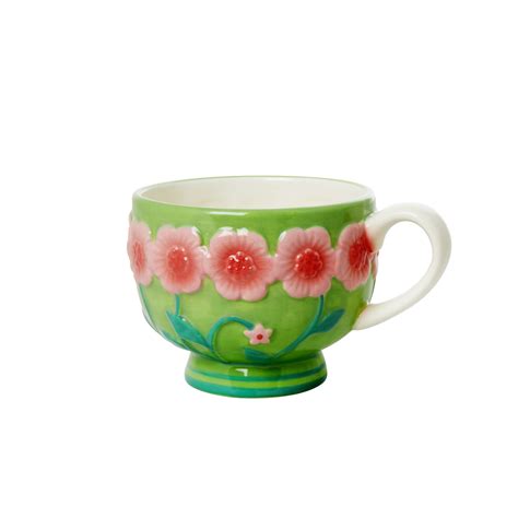 Buy Rice Ceramic Mug Embossed Pink And Sage Green Flower Design