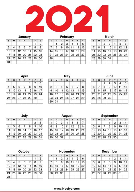 2021 Year Printable Calendar Red Black And White