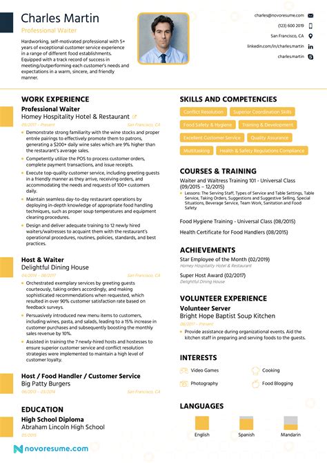 Cv example 11 one page resume that concentrates more on professional skills rather than work finding the format that works for you if you are regularly applying for suitable jobs that you are qualified or skilled for and not getting invited to. PROFESSIONAL WAITER/WAITRESS MODERN RESUME EXAMPLE in 2020 ...