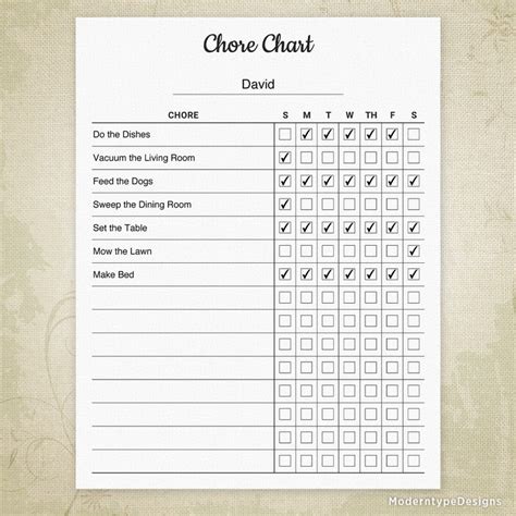 Chore Chart Printable Form For Kids With Editable Chore List Etsy