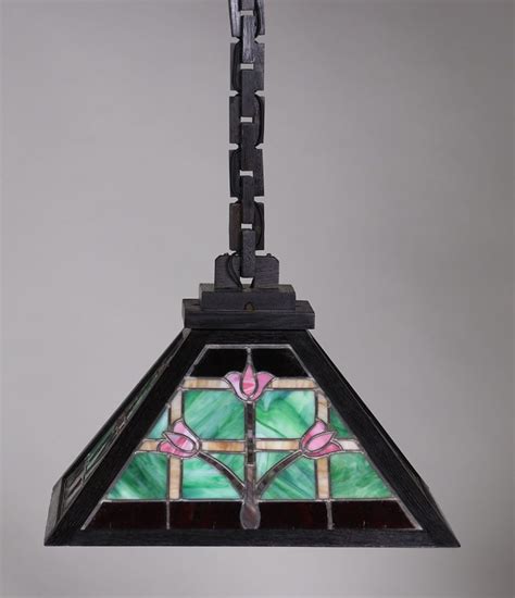 Wb Brown Oak And Leaded Glass Hanging Light C1910 California