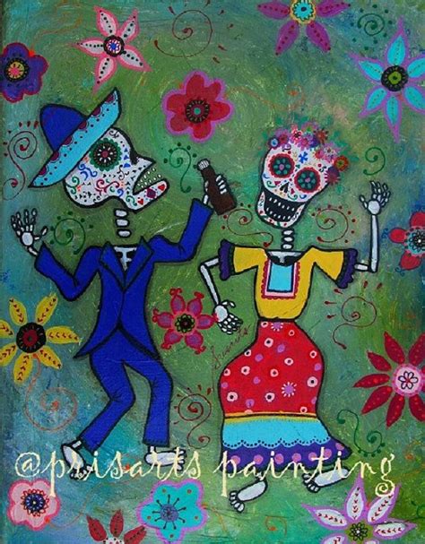 Folk Art Painting Mexican Dia De Los Muertos Bailar Dancers Mariachi