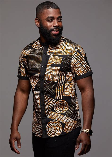 Tops Olu Short Sleeve Mandarin Button Up African Print Shirt Black