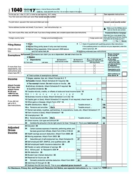 Fillable Form 1040 Us Individual Income Tax Return 2017 Printable
