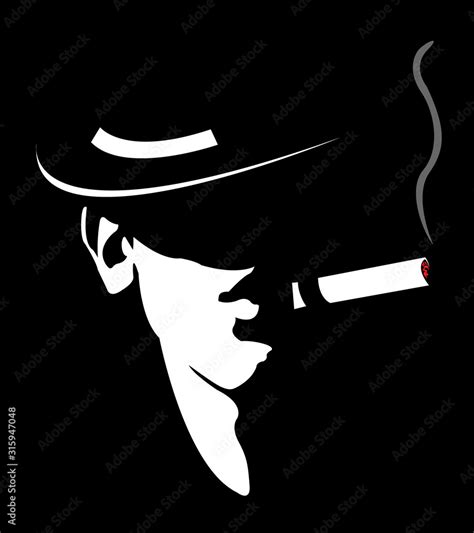 Silhouette Of Man With Hat And Cigar Chikago Gangster Mafia Stock