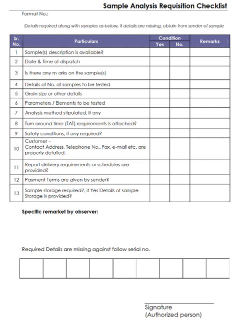 Internal audit checklist is key document for internal audit. Sample Analysis Requisition Checklist