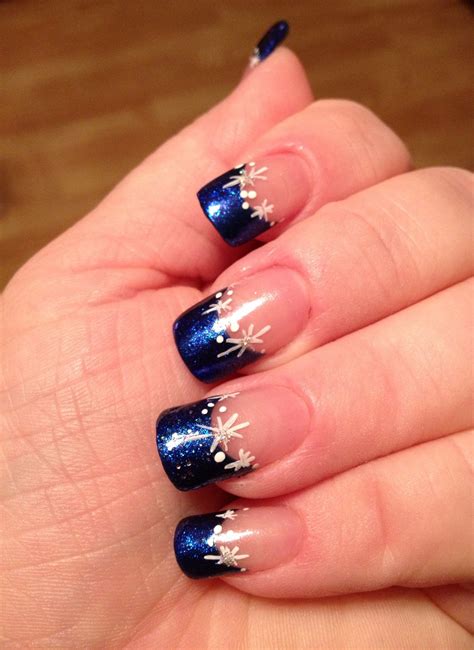Blue French Tip Nails With Stars Christmas Nails Acrylic Christmas