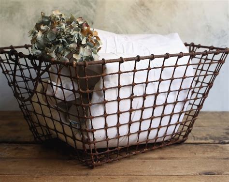 Large Vintage French Wire Oyster Fishing Basket Industrial Style