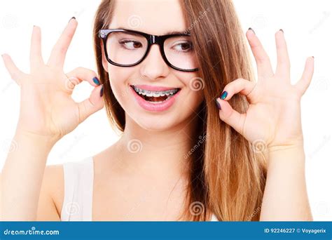 Happy Nerdy Teenage With Brace Wearing Eyeglasses Stock Image Image
