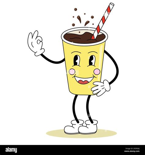 retro style cute soft soda drink cartoon character with a straw eyes legs and arms vector