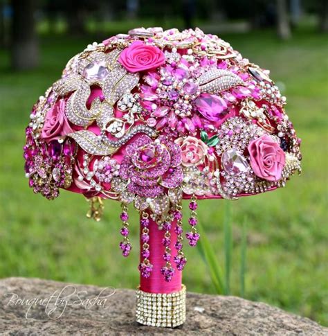 Fuchsia Gold Wedding Brooch Bouquet Pink Jewelry Bridal