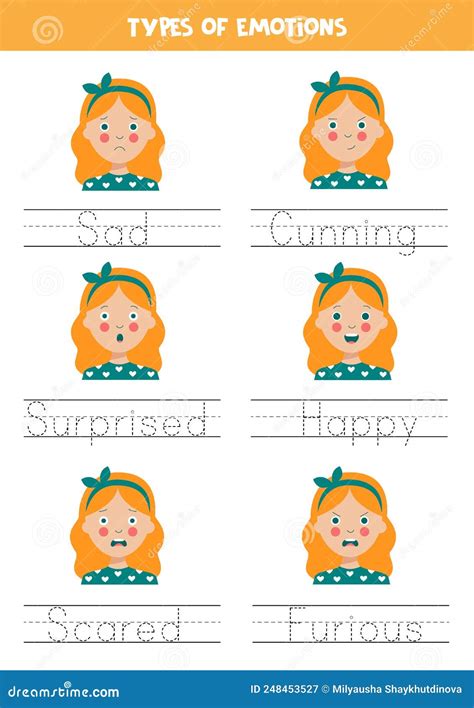 Tracing Names Of Emotions Types Writing Practice Stock Vector