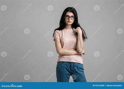 Portrait Of Smart Beautiful Brunette Girl In Eyeglasses With Natural