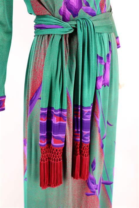 70s leonard paris maxi gown vintage 1970s silk jersey green purple orchid print floral maxi
