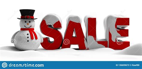 Text Sale, Big Red Letters Covered With Snow And A Snowman Isolated On ...