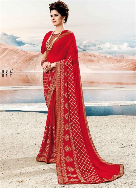 Red Georgette Embroidery Work Casual Saree With Images Party Wear Sarees Online Saree