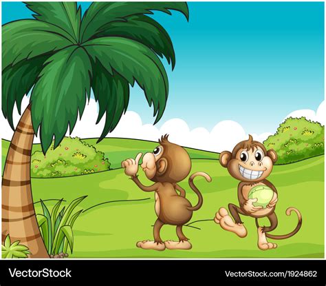Two Monkeys Near The Coconut Tree Royalty Free Vector Image