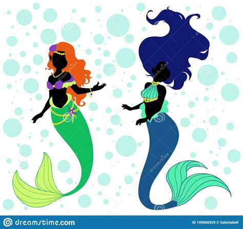 Set Of Two Mermaid Silhouettes With Colorful Hair And Tails Hand Drawn