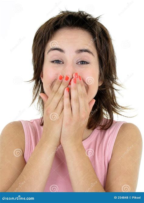 Girl Laughing While Looking On Her Smartphone Town Landscape With