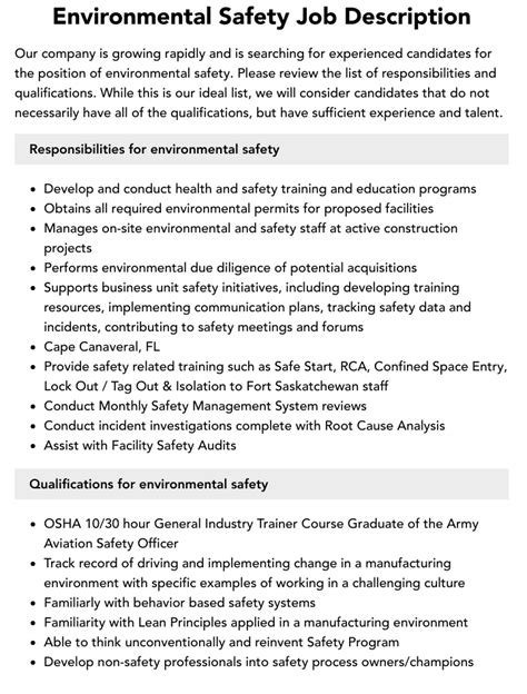 Environmental Safety Job Description Velvet Jobs