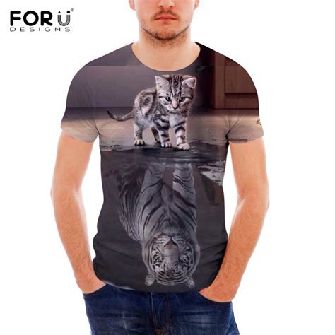 Forudesigns Funny Cat Reflection Tiger Print Men Summer T Shirts Brand