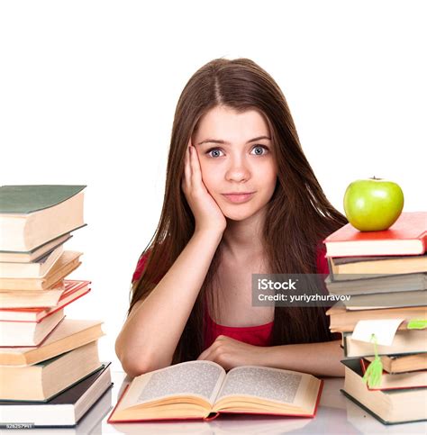 photo libre de droit de teen fille avec beaucoup de livres isolé sur blanc banque d images et