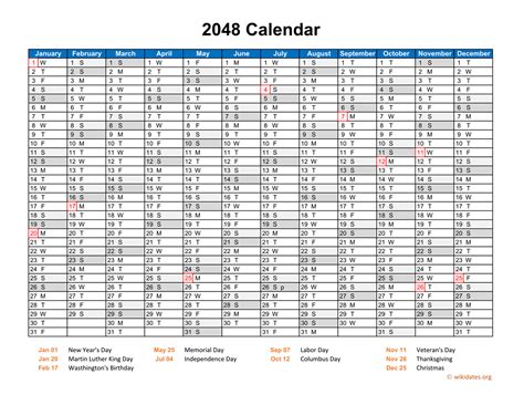 2048 Calendar Horizontal One Page