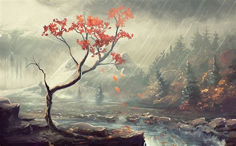 Painting Of An Autumn Tree By A Mountain Creek In The Rain Zwz Picture