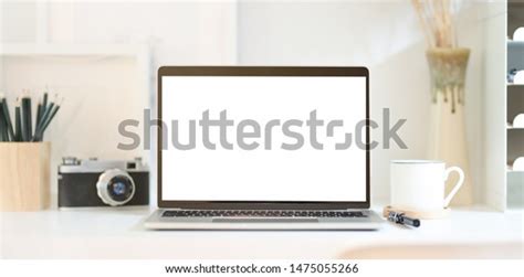 Professional Photographers Workplace Open Blank Screen Stock Photo
