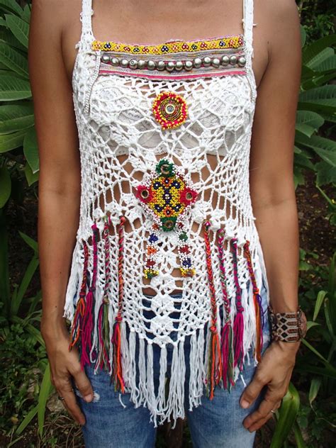 White Handmade Crochet Top With Mirror And Vintage Jewelry Patches And Fringe Hippieboho