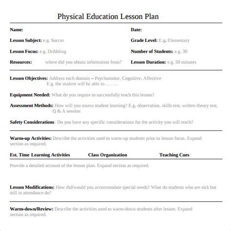 15 Sample Physical Education Lesson Plans Sample Templates