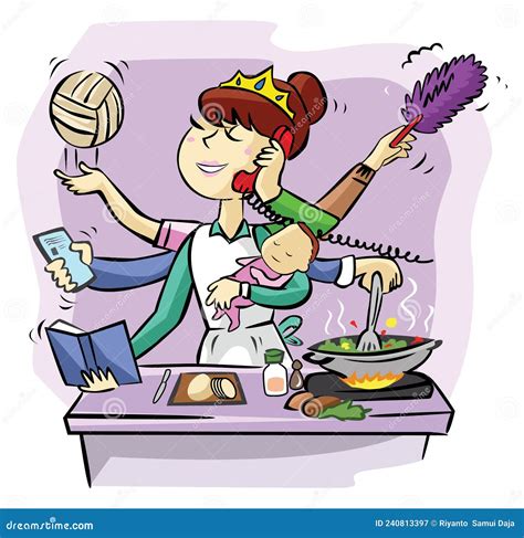 Busy Mother Doing Many Tasks Color Illustration Stock Vector