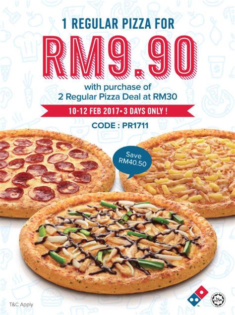 They are available at different prices hence it is necessary to check on the domino's menu prices before you proceed to order. Domino's Pizza Coupon Code for RM9.90 Regular Pizza With 2 ...
