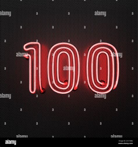 Glowing Red Neon Number 100 Number One Hundred On A Perforated Metal