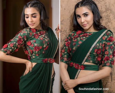 Parvati Nair In Bottle Green Saree With Floral Blouse Lengha Blouse Designs Saree Designs Party