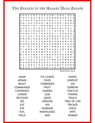 The Serpent In The Garden Bible Wordsearch Puzzle