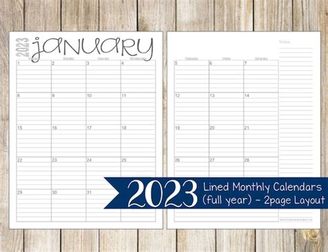 2023 Monthly 2 Page Lined Calendars 85x11 Jan Dec Etsy Uk