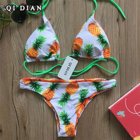 Qi Dian Pineapple Printing Brazilian Bathing Suit Sexy Push Up Bikini