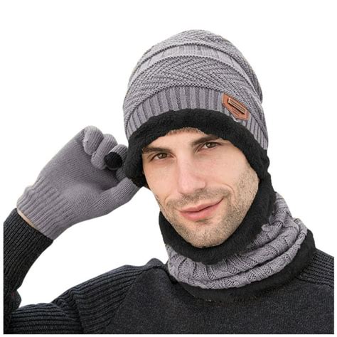 Mens Winter Knitted Fleece Windproof Hat Scarf Gloves Three Piece