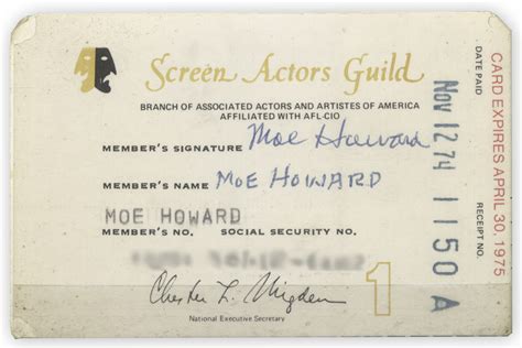 The screen actors guild was an american labour union that represented more than 100,000 film and television performers. Lot Detail - Moe Howard's Signed SAG Card -- His Last Screen Actors Guild Card From 1974 ...