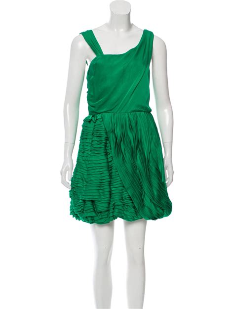 Green Alice Olivia Silk Sleeveless Mini Dress Featuring Asymmetrical Neckline Ruffled Accents