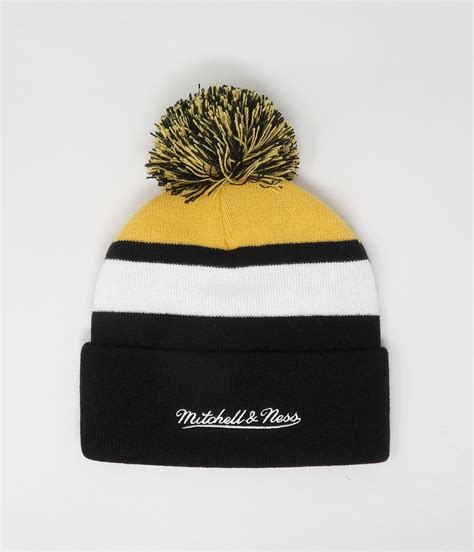 Mitchell And Ness Mens Beanie Nhl Boston Bruins Black Gold Stripe Pom