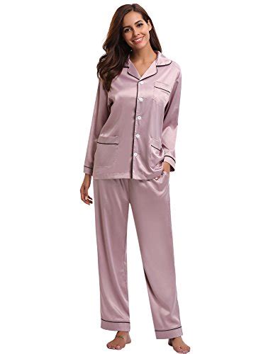 Aibrou Womens Satin Pajamas Set Long Sleeve And Long Button Down Sleepwear Loungewear Silk