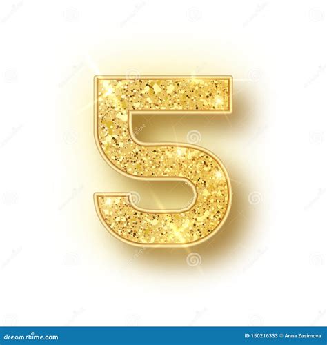 Gold Glitter Alphabet Numbers 5 With Shadow Vector Realistick Shining