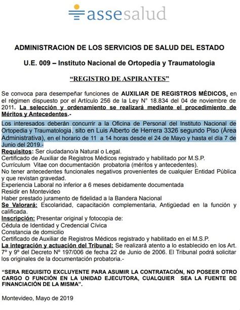 Llamado Asse Auxiliares De Registros Médicos Mayo Junio 2019