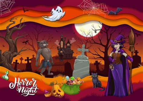 Premium Vector Halloween Paper Cut Cartoon Characters And Sweets